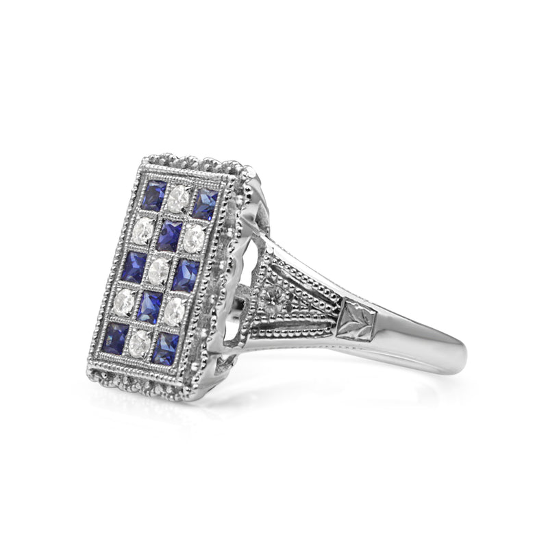 18ct White Gold Sapphire and Diamond Checkerboard Ring