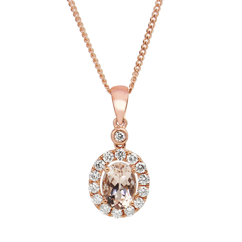 9ct Rose Gold Morganite and Diamond Halo Necklace