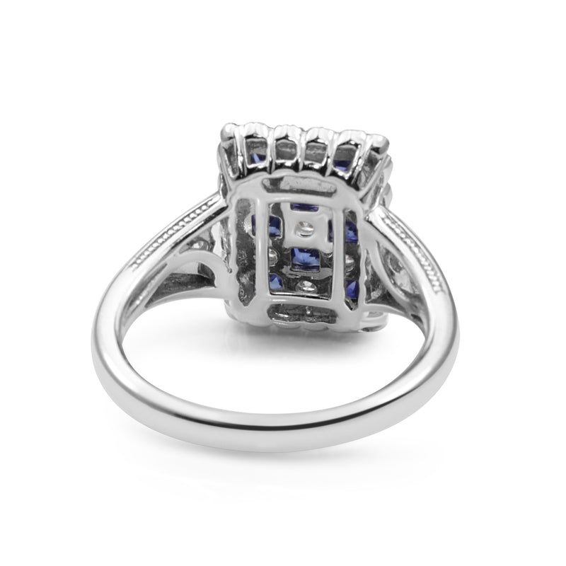 18ct White Gold Sapphire and Diamond Checkerboard Ring