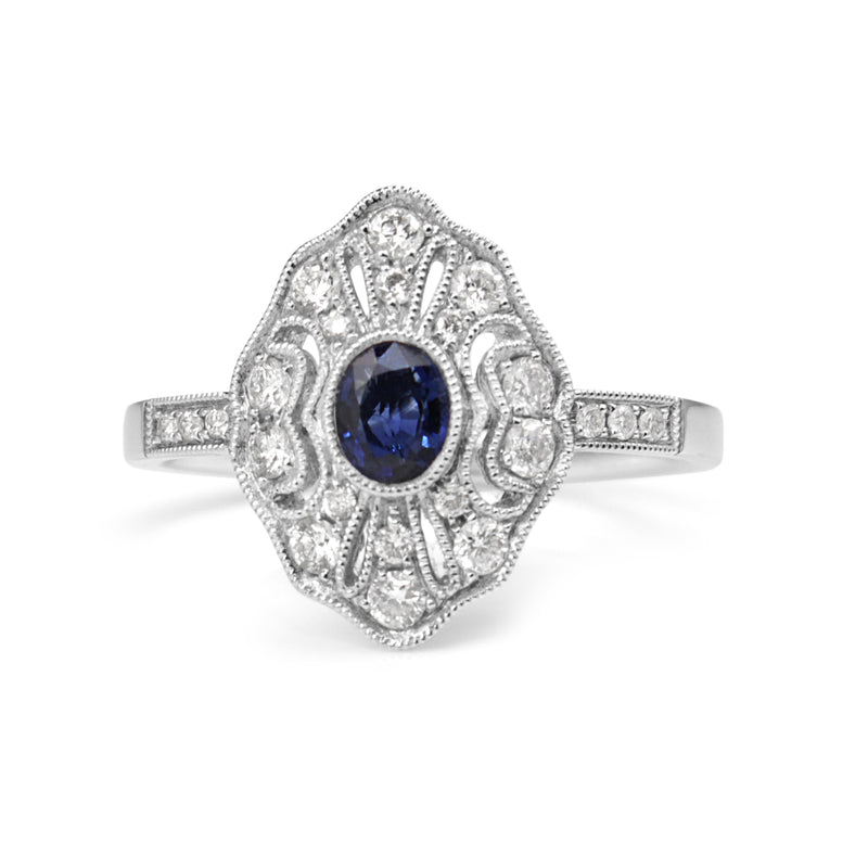 18ct White Gold Sapphire and Diamond Deco Style Ring