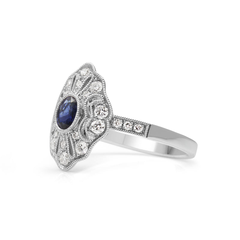 18ct White Gold Sapphire and Diamond Deco Style Ring