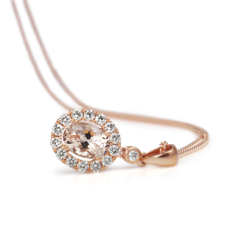 9ct Rose Gold Morganite and Diamond Halo Necklace