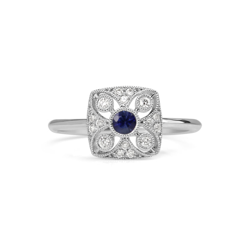 18ct White Gold Sapphire and Diamond Deco Style Ring