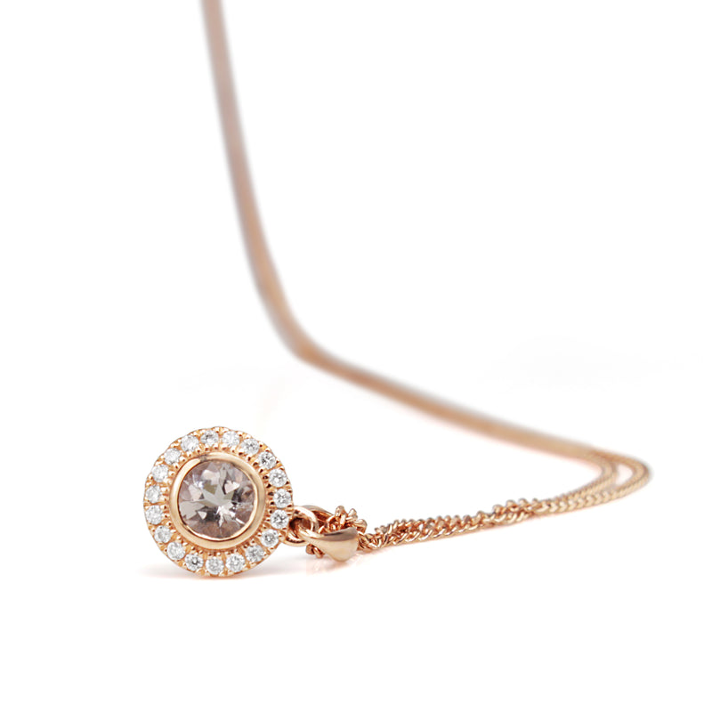 9ct Rose Gold Morganite and Diamond Halo Necklace