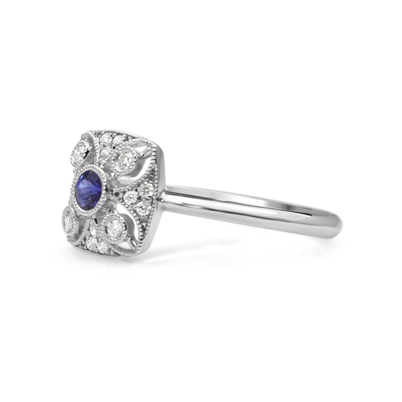 18ct White Gold Sapphire and Diamond Deco Style Ring