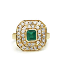 18ct Yellow Gold Emerald and Diamond Double Halo Ring