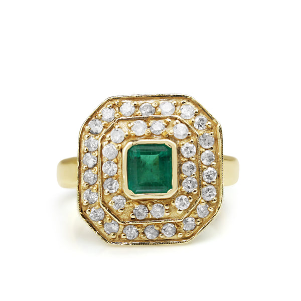 18ct Yellow Gold Emerald and Diamond Double Halo Ring