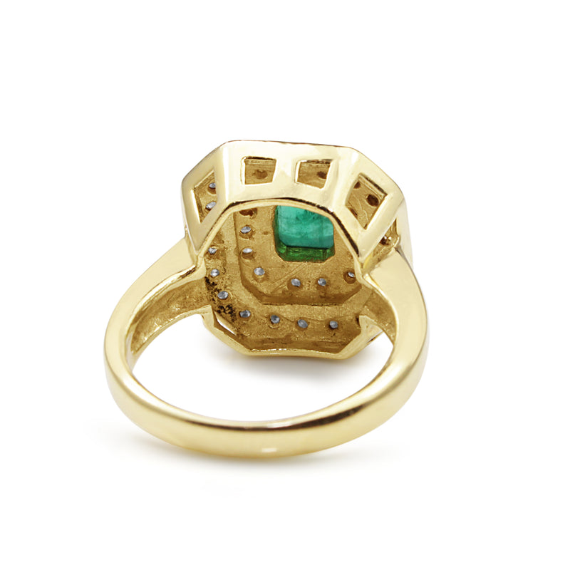 18ct Yellow Gold Emerald and Diamond Double Halo Ring