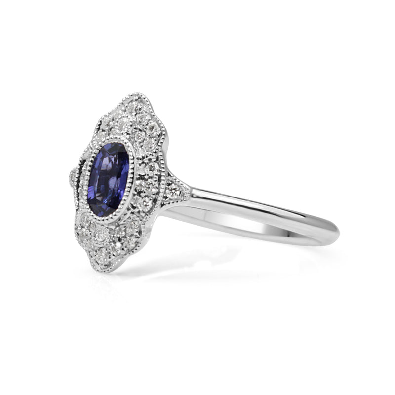 18ct White Gold Sapphire and Diamond Deco Style Ring