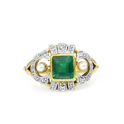 14ct Yellow and White Gold Emerald, Diamond and Pearl Art Deco Ring