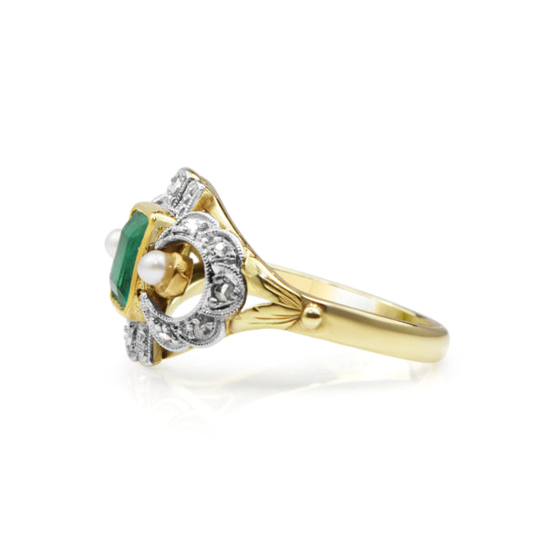 14ct Yellow and White Gold Emerald, Diamond and Pearl Art Deco Ring