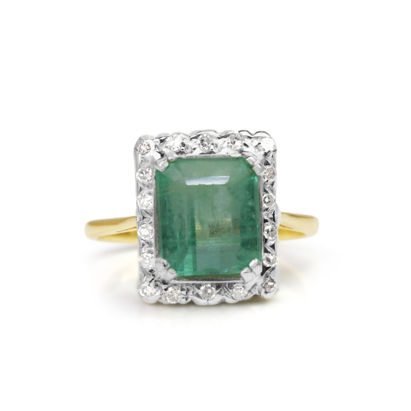 18ct Yellow and White Gold Emerald and Single Cut Diamond Vintage Ring