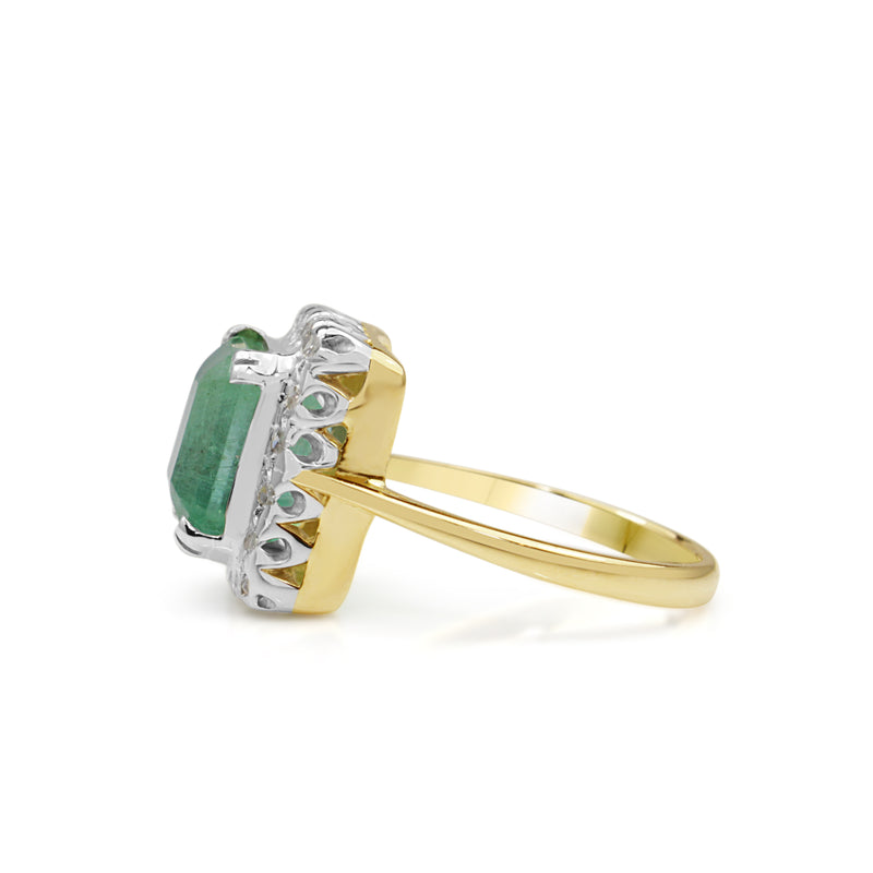 18ct Yellow and White Gold Emerald and Single Cut Diamond Vintage Ring