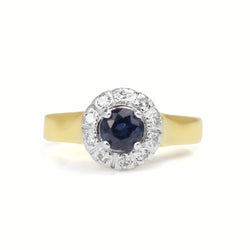 18ct Yellow and White Gold Sapphire and Diamond Vintage Halo Ring