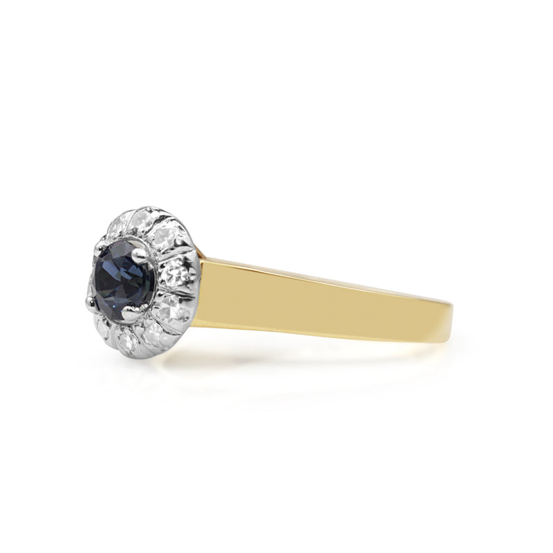 18ct Yellow and White Gold Sapphire and Diamond Vintage Halo Ring