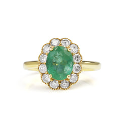 18ct Yellow Gold Emerald and Diamond Daisy Ring