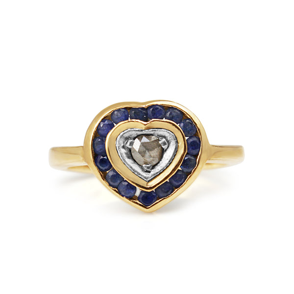 14ct Yellow Gold Sapphire and Rose Cut Diamond Heart Ring