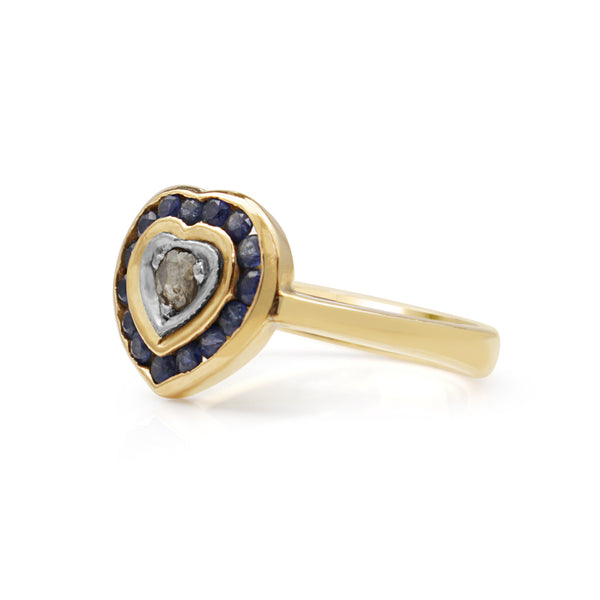 14ct Yellow Gold Sapphire and Rose Cut Diamond Heart Ring
