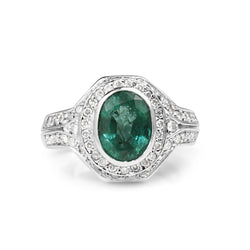 18ct White Gold Natural Emerald and Diamond Halo Ring