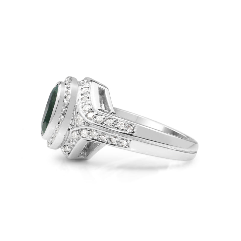 18ct White Gold Natural Emerald and Diamond Halo Ring