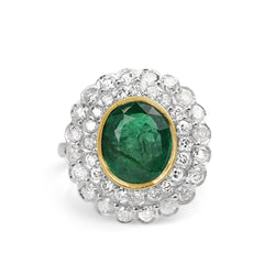 18ct Yellow and White Gold Emerald and Diamond Double Halo Ring