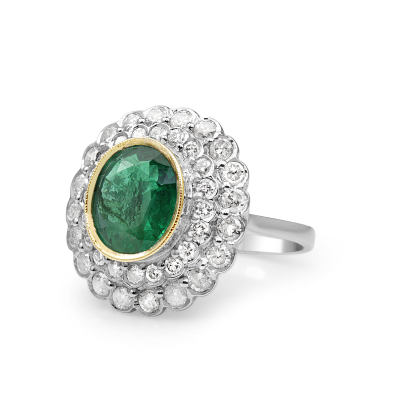 18ct Yellow and White Gold Emerald and Diamond Double Halo Ring
