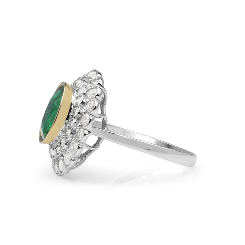 18ct Yellow and White Gold Emerald and Diamond Double Halo Ring