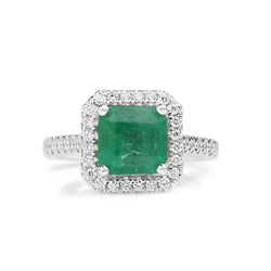 18ct White Gold Emerald and Diamond Square Halo Ring