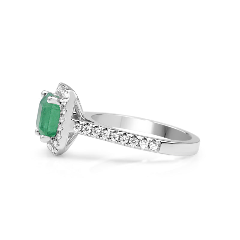 18ct White Gold Emerald and Diamond Square Halo Ring