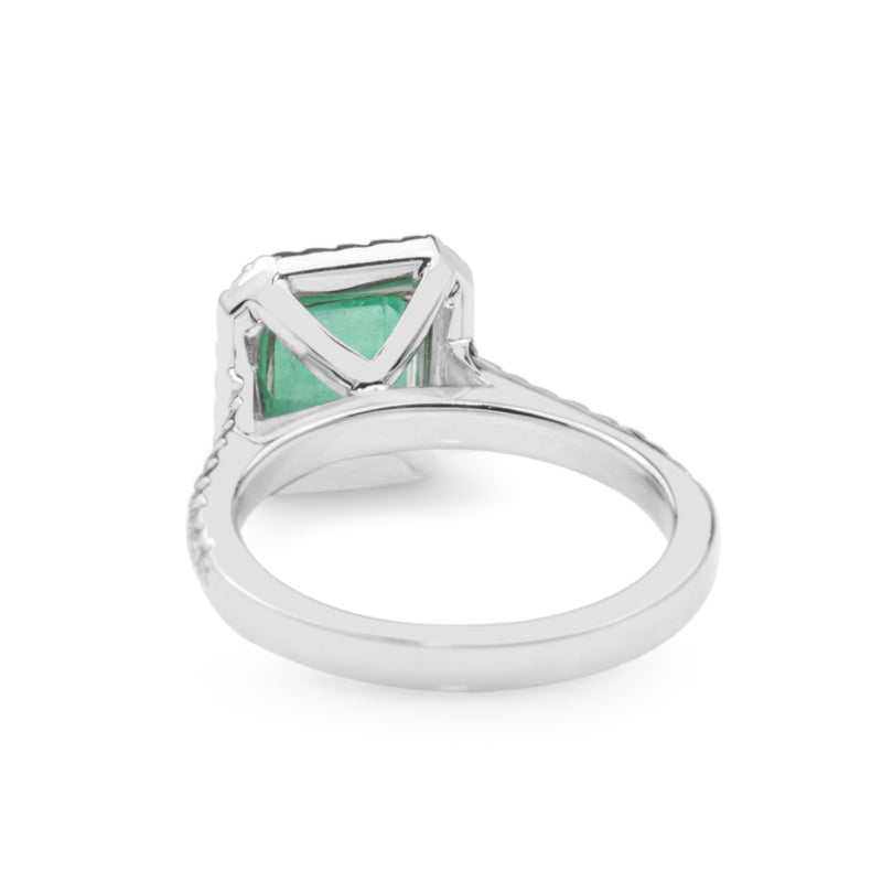 18ct White Gold Emerald and Diamond Square Halo Ring