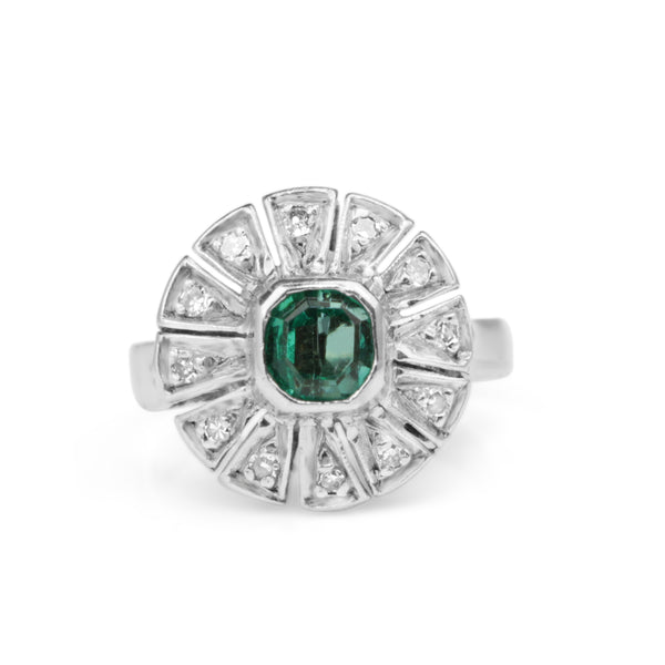 Palladium Emerald and Diamond Art Deco Ring