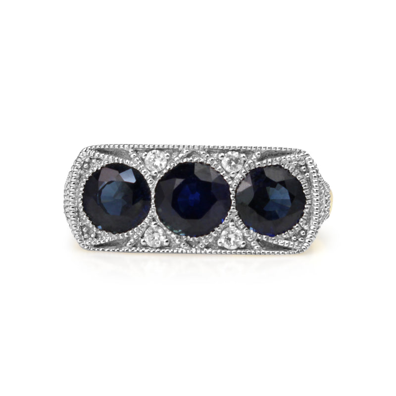 18ct Yellow and White Gold 3 Sapphire and Diamond Ring