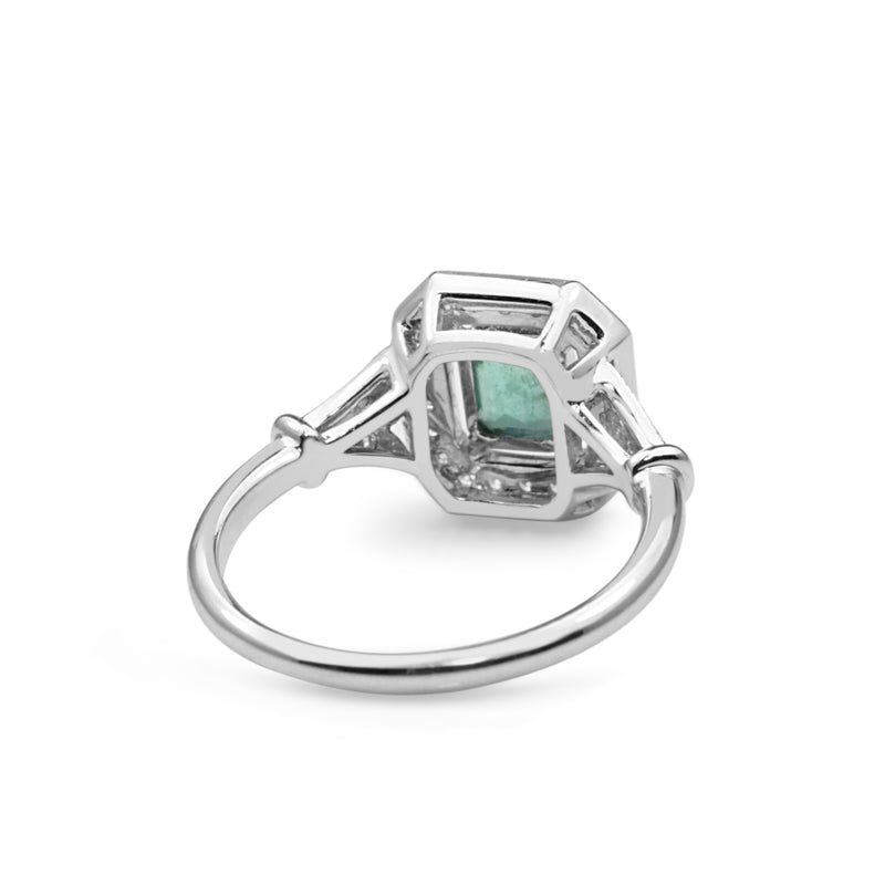 18ct White Gold Emerald and Diamond Halo Ring