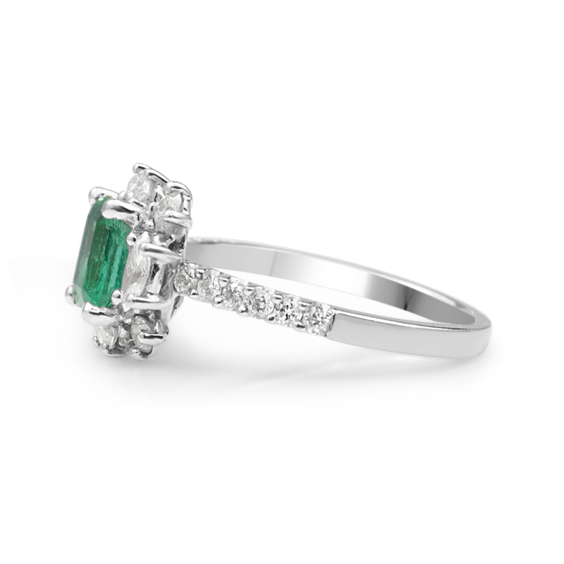 18ct White Gold Emerald and Diamond Halo Ring