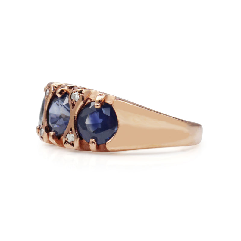 9ct Rose Gold 3 Sapphire and Diamond Ring