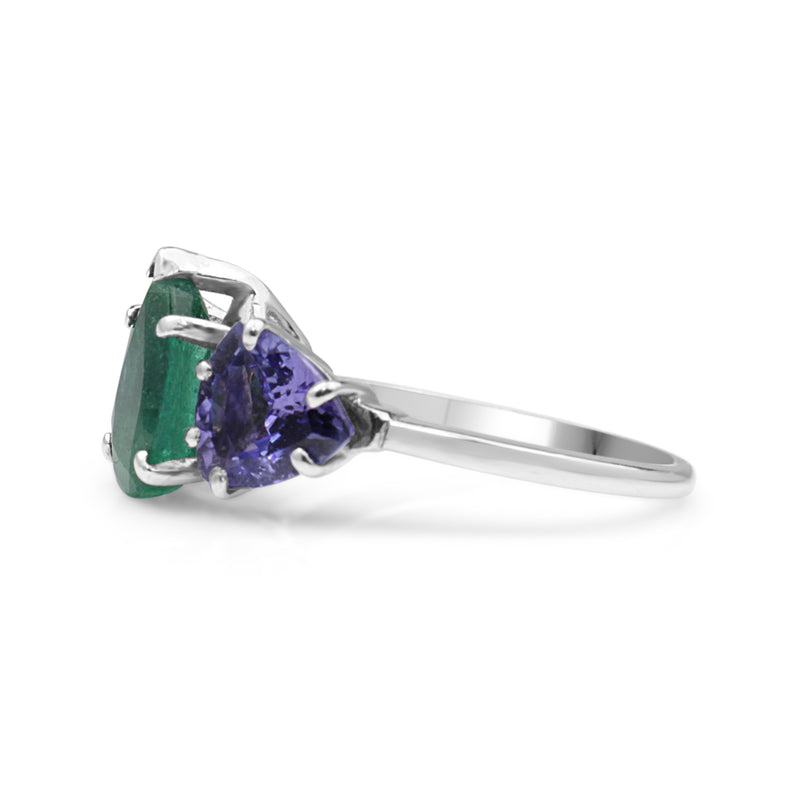 Platinum Emerald and Tanzanite 3 Stone Ring