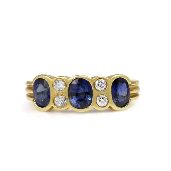 9ct Yellow Gold Sapphire and Diamond 3 Stone Ring