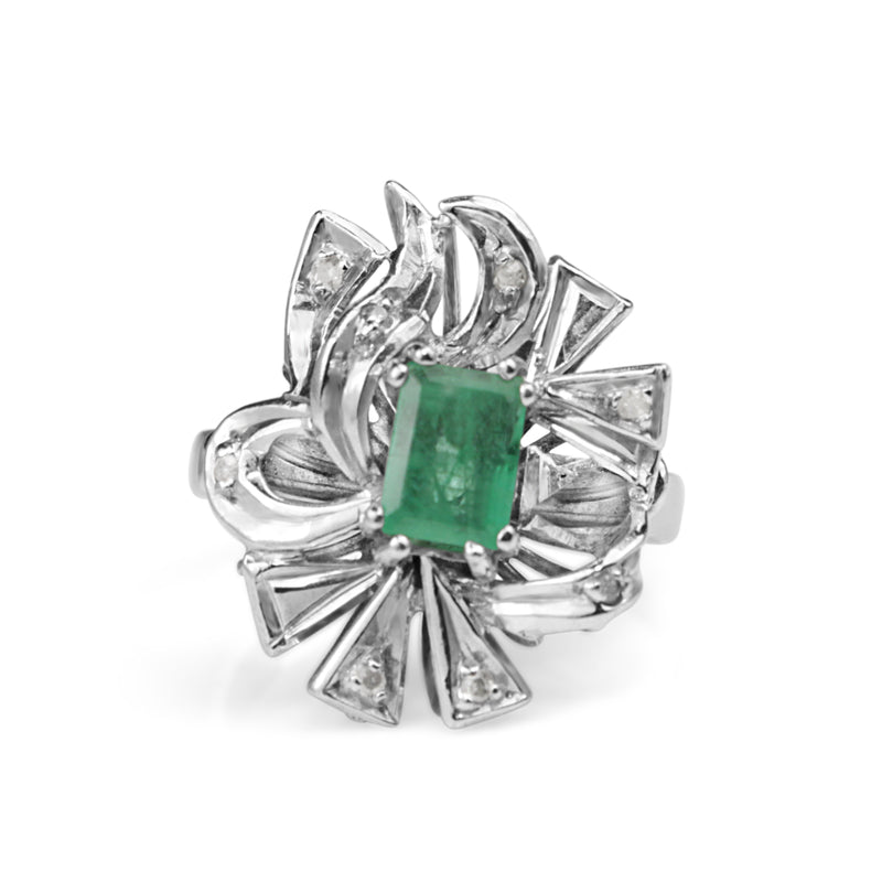 Palladium Emerald and Diamond Vintage Ring