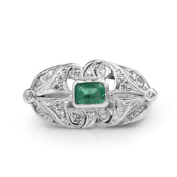 Palladium Emerald and Diamond Art Deco Ring