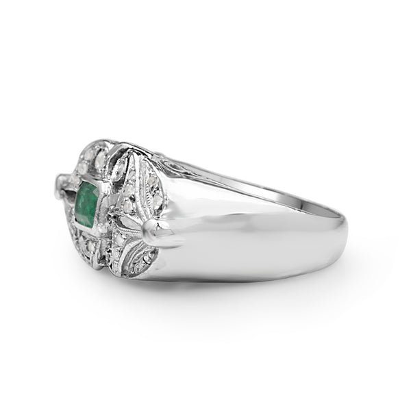 Palladium Emerald and Diamond Art Deco Ring