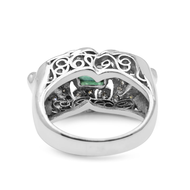 Palladium Emerald and Diamond Art Deco Ring