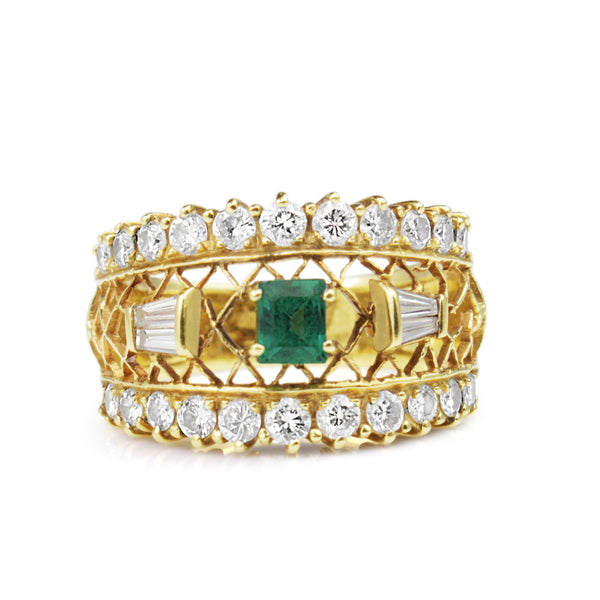 18ct Yellow Gold Vintage Emerald and Diamond Ring