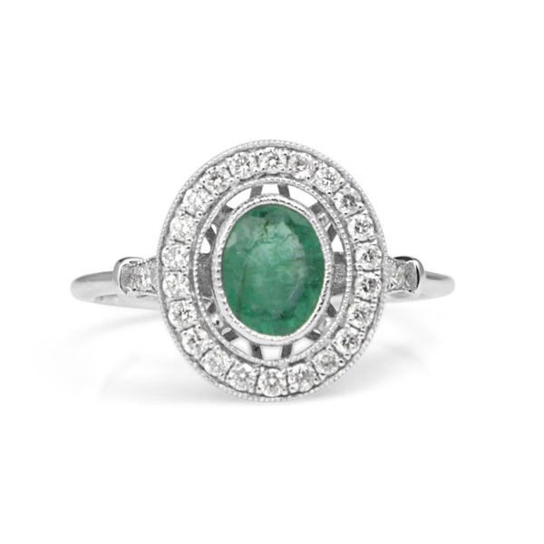 18ct White Gold Emerald and Diamond Halo Ring