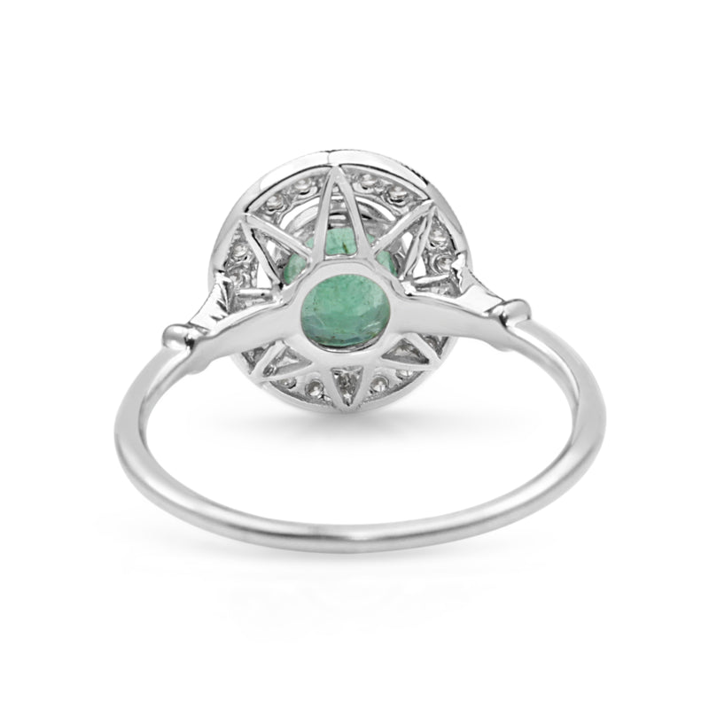 18ct White Gold Emerald and Diamond Halo Ring