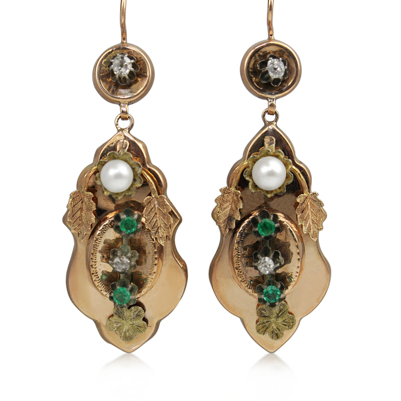 15ct Yellow Gold Antique Emerald, Diamond and Pearl Drop Earrings