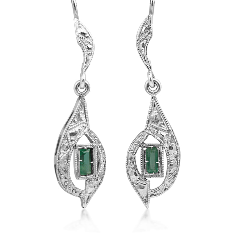 18ct White Gold Art Deco Emerald Earrings