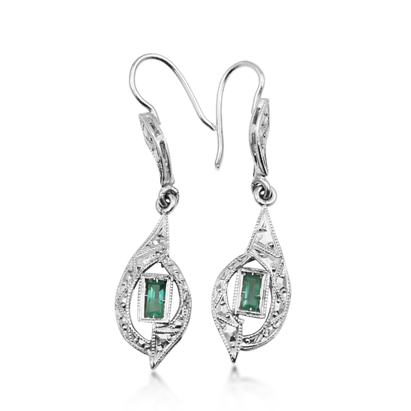 18ct White Gold Art Deco Emerald Earrings