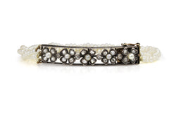 9ct Gold Rose Cut Diamond and Seed Pearl Floral Antique Bracelet