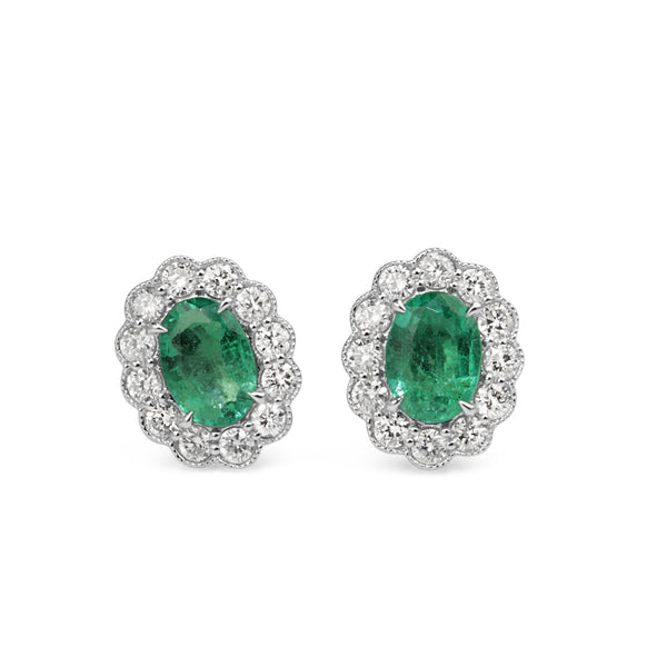 18ct White Gold Emerald and Diamond Daisy Style Stud Earrings