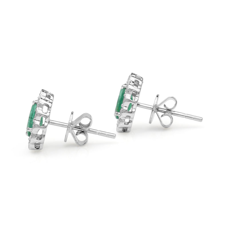 18ct White Gold Emerald and Diamond Daisy Style Stud Earrings